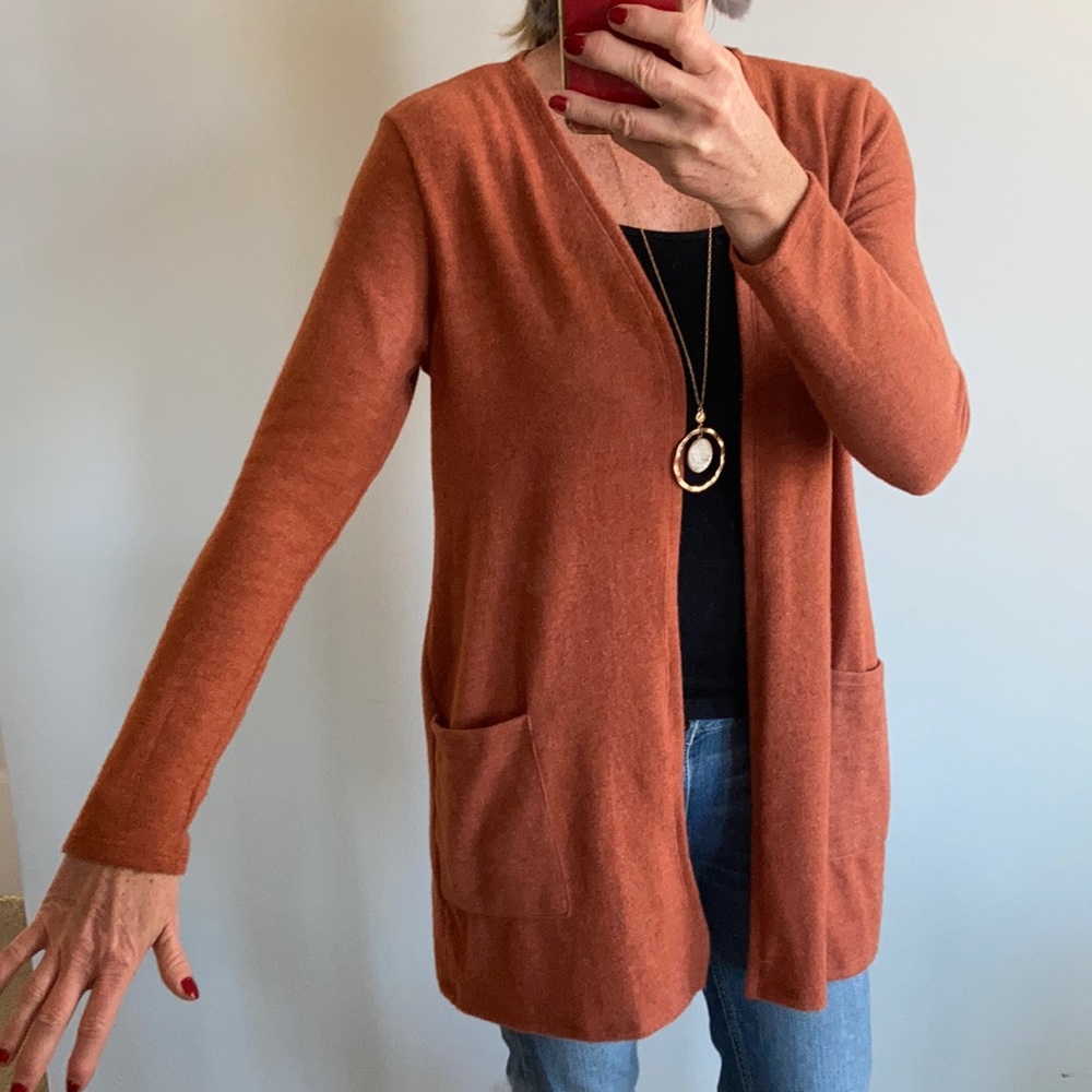 Rust Color Brushed Hacci Open Cardigan - Picture 6 of 7